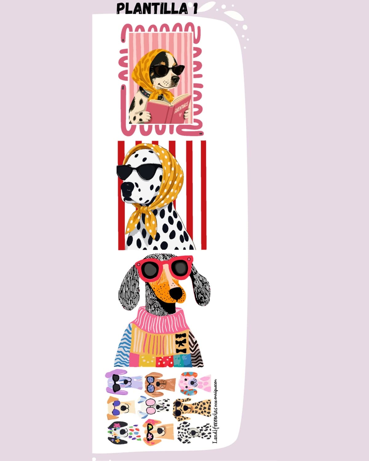 Plantilla DTF 1 completa, 30 cm × 1 m: dálmata con pañoleta y gafas, perro de gafas rojas con suéter y caritas de perritos