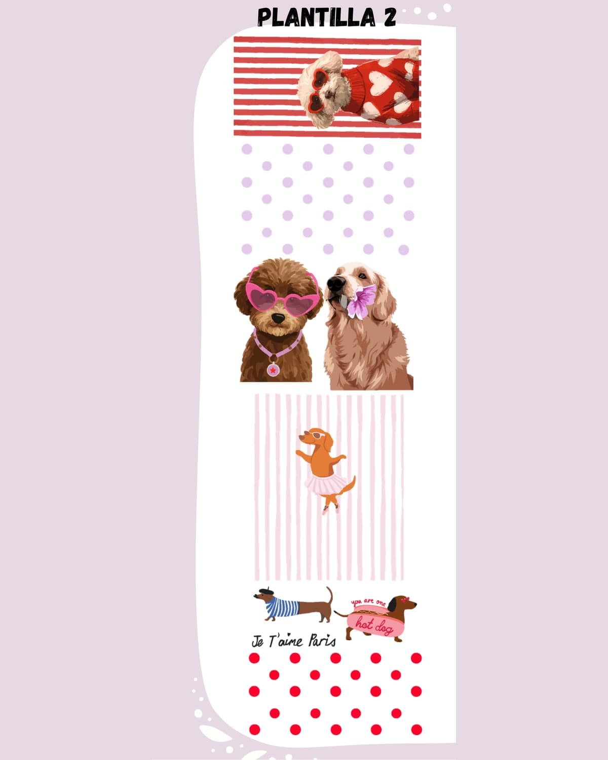 Plantilla DTF 2 completa, 30 cm × 1 m: poodles con suéter de corazones, perrita bailarina y salchicha Je t'aime Paris