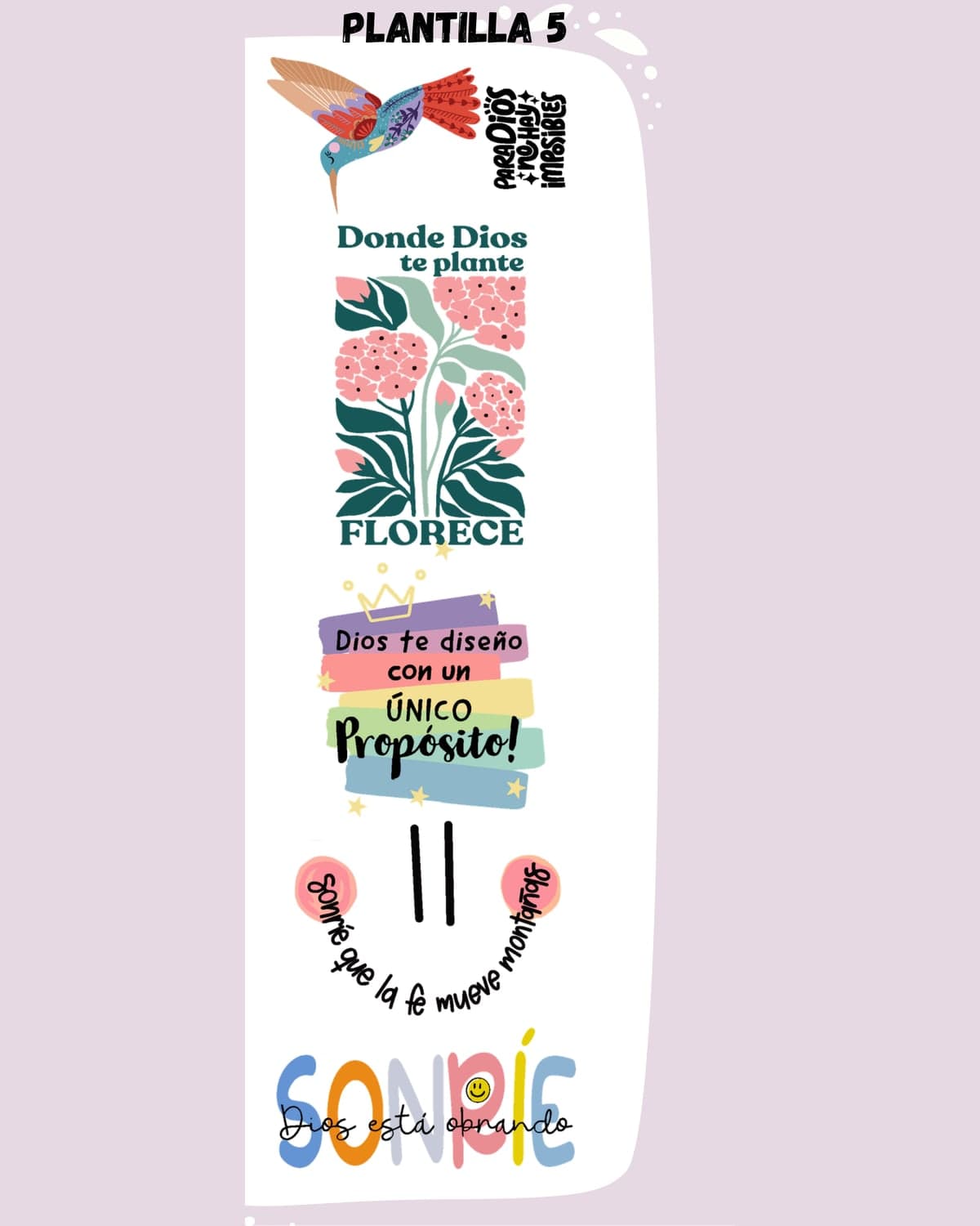 Plantilla DTF 5 completa, 30 cm × 1 m: frases Donde Dios te plante florece, Dios te diseñó con un único propósito y Sonríe, Dios está obrando