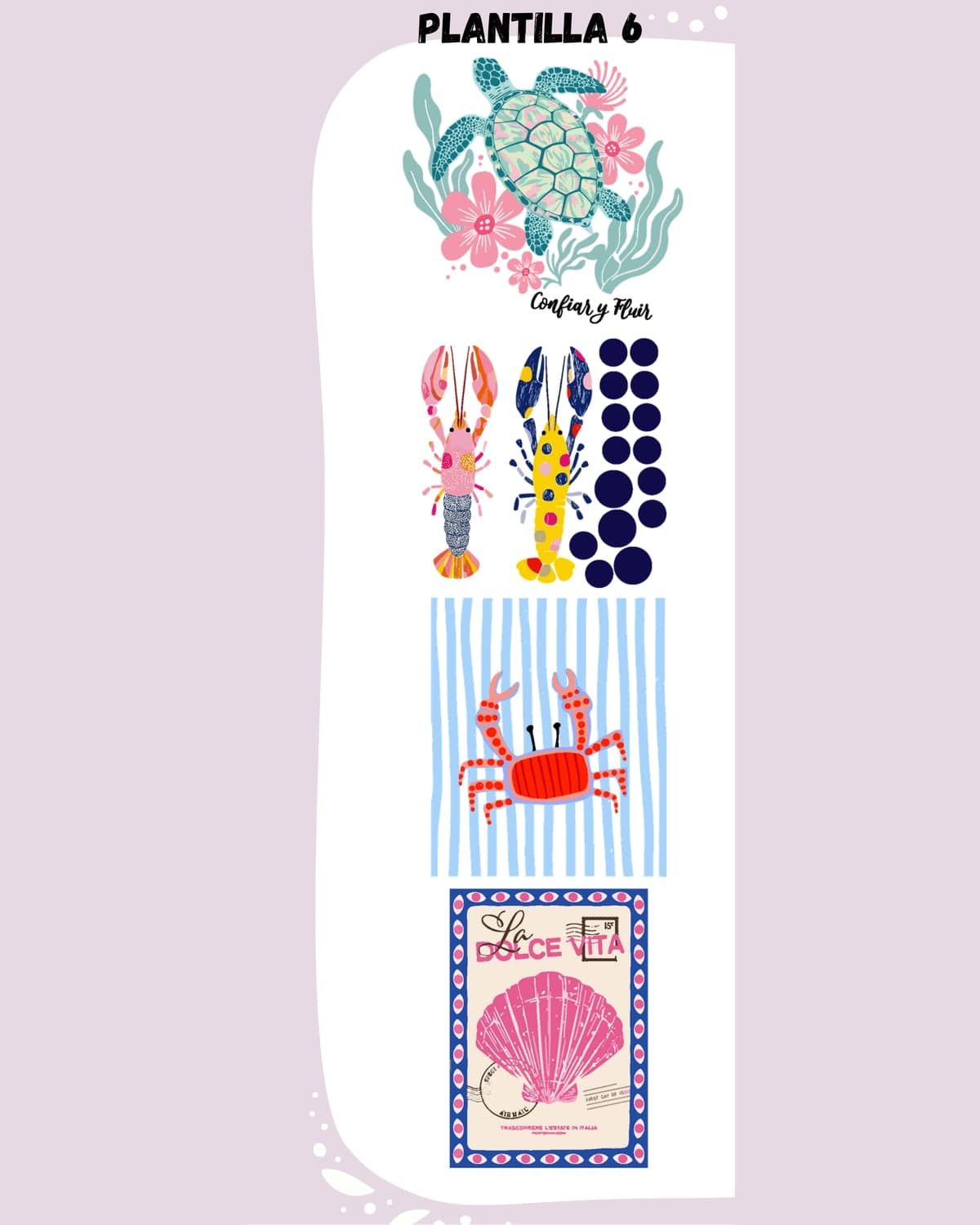 Plantilla DTF 6 completa, 30 cm × 1 m: tortuga con flores y la frase Confiar y fluir, langostas de lunares, cangrejo sobre rayas y concha La dolce vita